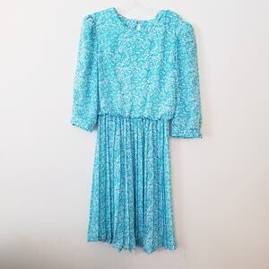Vintage 70s Aqua & White Floral Long Sleeve Dress Accordian Pleated Size 12P